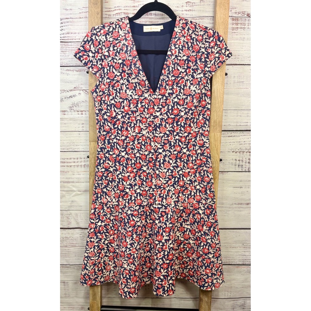 Tory Burch Fit and Flare Floral Calico Print V-Neck Dress Size Small Petite